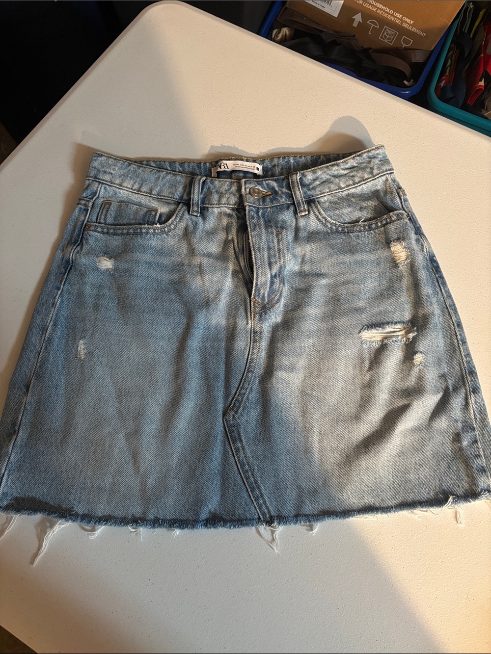 Zara Light Blue Distressed Denim Mini Skirt